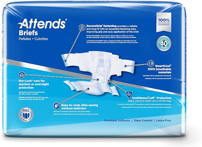 Attends Confidence® Adult Unisex Disposable SmartCool® Briefs, Regular, 44"-56" Waist, SecureGrip Tab Closure, Ultimate Absorbency, Breathable Materials, 80ct Case