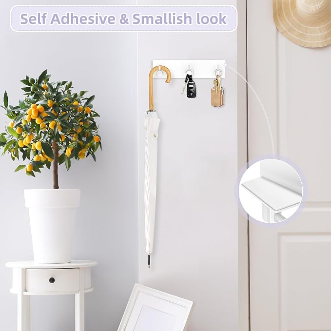 VIS'V Key Holder Wall Mount, Small Adhesive Key Hanger with 3 Hooks, White | Metal Material, No Drilling, Extra Adhesive Strip, Suitable for Entryway, Hallway, Doorway, Kitchen, Garage, Camper