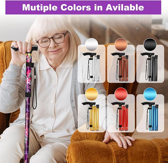 MFE Folding Cane, Portable 5-Level Adjustable Height Walking Stick with Foldable Design, Wrist Strap, and T Handle for Men and Women