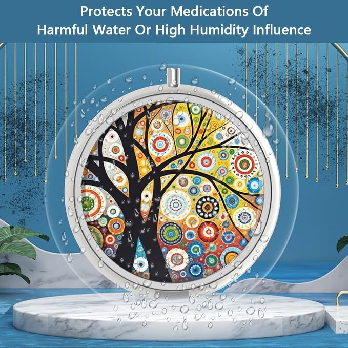 Pill Box 3 Compartment Small Pill Case,Portable for Pocket or Purse Pill Organizer Pill Container Holder to Hold Vitamins, Medication, Fish Oil and Supplements(Black Tree of Life)