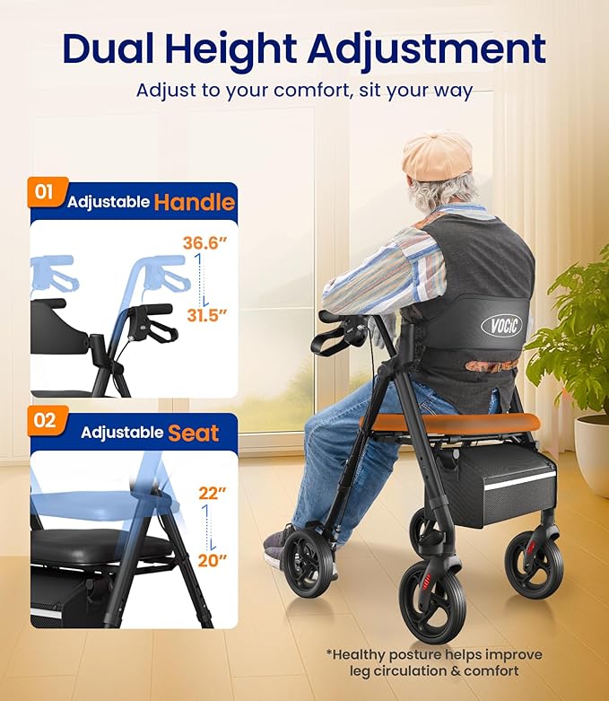 VOCIC Walkers for Seniors, Z21 Rollator Walker with Seat Supports 350lb, 8" Big Wheels for All Terrain, Ergonomic Arc Seat & 6" Ultra Backrest Foldable Walker, Dual Height Adjustment, Lightweight 2025