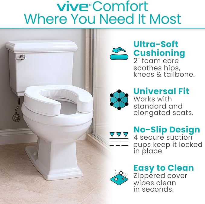 Vive Toilet Seat Cushion (Soft Cushioned Foam) - Easy Clean Soft Padded | Bathroom Attachment - Elongated, Standard Seats - Comfort & Support Donut for Handicap Adults
