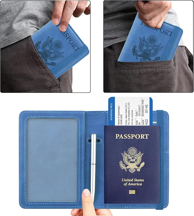 ACdream Passport and Vaccine Card Holder Combo, Cover Case with CDC Vaccination Card Slot, Leather Travel Documents Organizer Protector, with RFID Blocking, for Women and Men, C - Light Blue,