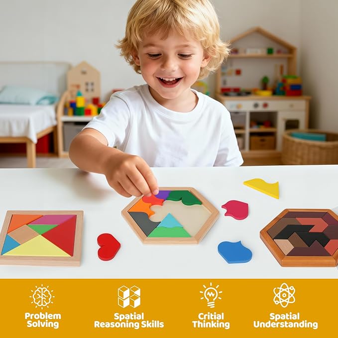 5 Pack Wooden Brain Teaser Puzzles Sets for Kids,Montessori Brain Blocks Logic Tangram Geometric Shapes Puzzle Matching Games Easter Basket Stuffers Gifts for All Ages Boys Girls