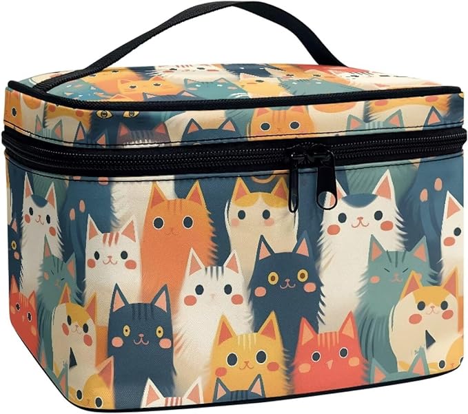Kawaii Kitty Cats Large Makeup Bag Women Cosmetic Bags for Purse, Cartoon Colorful Cat Print Toiletry Bag for Women, Dopp Kit for Toiletries Accessories