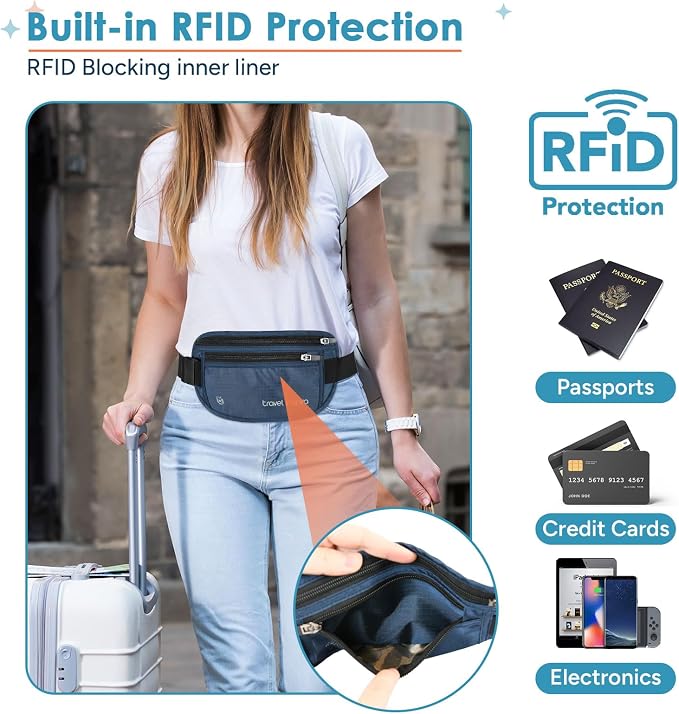 Travel Money Belt with Slim Anti-Theft RFID Passport Holder for Travel | Waist Pack Concealed under Clothes for Ultimate Protection of Credit Cards, Cash, Passport & Documents, Navy Blue