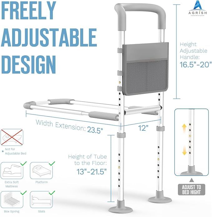 Agrish Bed Rails for Elderly Adults Safety, Adjustable Bed Rails for Seniors Supports 350LBS with Motion Lights & Storage Pocket, Stable Bed Cane with Non-Slip Grip, Tool-Free