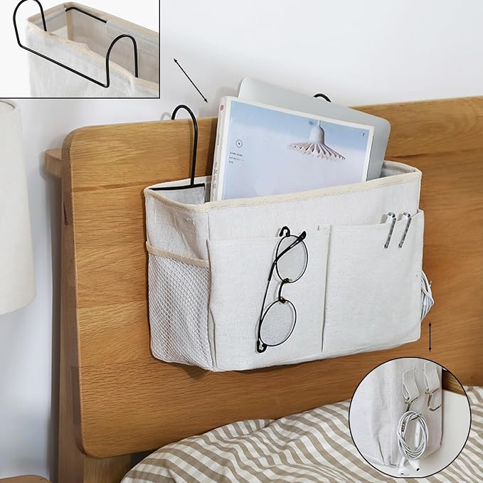 Bedside Caddy Organizer Hanging Storage Basket with Large Pockets & Hooks, Heavy-Duty Canvas Bedside Organizer for Bunk Beds, Dorm Rooms, Hospital Beds & Small Spaces (Beige)