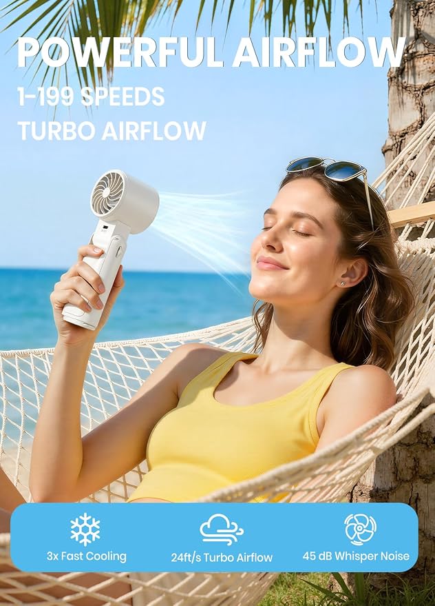 Portable Handheld Turbo Fan, 1-199 Speed Adjustable, White | 4 IN 1 Pocket Design with LED Display, High-Power Motor, Rechargeable Battery, Mini Fans for Indoor/Outdoor/Travel/Work