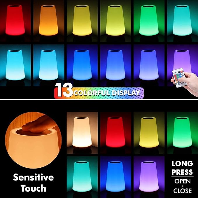 THAUSDAS Night Light, Dimmable Touch Lamp for Bedroom, Portable Table Bedside Lamp, 5 Brightness 13 RGB Colors, Night Lights for Baby Nursery Bathroom