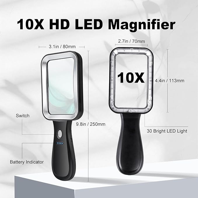 10X Magnifying Glass with Light, Rechargeable Magnifier with 3 Color Modes, Lighted Magnifying Glass Handheld for Seniors Reading Low Vision, Inspection, Close Work