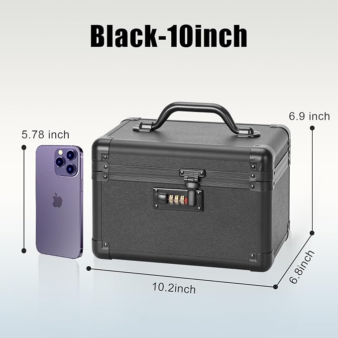 Small Lock Box with Combination Lock – Portable Lockable Storage Box for Medicine, Cash & Personal Items, Childproof Security Case for Home Dorm Office, 10.2x6.8x6.9 Inch, Black