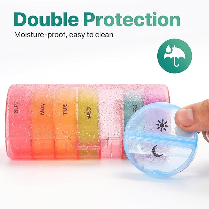 Sukuos Large Weekly Pill Organizer 2 Times a Day, Daily Pill Box 7 Day Easy to Open with Double Protection, AM PM Pill Case for Medicine/Vitamin/Fish Oil/Supplements (Glitter Pink)