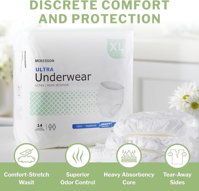 McKesson Ultra Adult Incontinence Underwear, [14 Count], Heavy Absorbency, XL, 58-68 in. Unisex Bladder Leak Protection, Pull-On Style with Tear-Away Sides, Postpartum and Incontinence Support