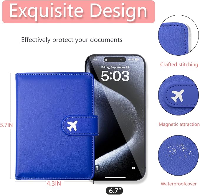 Passport Holder, Cute Travel Wallet Cover with RFID Blocking,Blue | PU leather travel wallet with magnetic closure, card slots, pen loop, and easy access for passports and essentials.