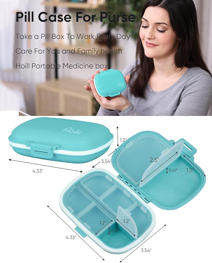 Holii Travel Pill Organizer, 8 Compartments Portable Pill Case, Daily Pill Box to Hold Vitamins, Small Pill Container for Pocket Purse Medicine Organizer（Blue）