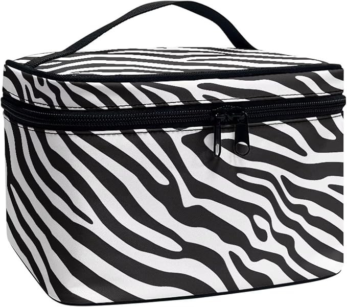 Zebra Stripes Women Large Cosmetic Bag Travel Makeup Bag Handle, Black White Animal Skin Texture Portable Toiletries Bag Brush Bags for Traveling