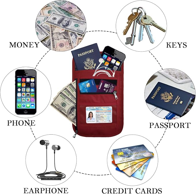 OMYSTYLE Neck Wallet, RFID Passport Holder for Travel, Adjustable Neck Strap, Waterproof Neck Pouch for Men & Women to Keep Cash, Credit Cards and Documents Safe, Red (8x6)