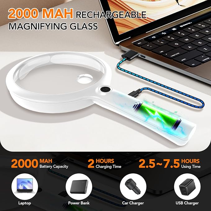 2000mAh Rechargeable Magnifying Glass with Light, 5X/10X Large Handheld Lighted Magnifier, 24 LEDs, 3 Light Modes, Reading Aid for Seniors & Low Vision (White)