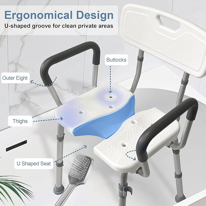 Shower Chair for Inside Shower with Arms and Back, Anti-Slip Design Shower Seat, Shower Chair for Elderly and Disabled with Groove for Private Cleaning, Adjustable Height