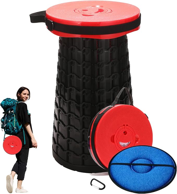Collapsible Stool with Cushion,1000 lbs Capacity,19.7-in Adjustable Height | Wider & Taller Heavy Duty Portable Telescoping Folding Seat Chair for Adults Camping,Fishing,Travel,Queue Wait,Stadium View