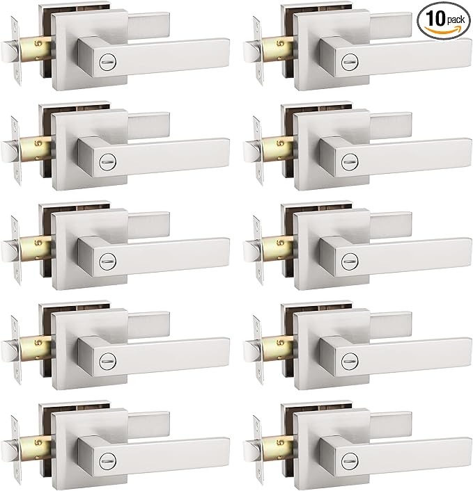 KNOBWELL 10 Pack Brushed Nickel Interior Door Handle, Privacy Door Knob with Lock Keyless Modern Square Bedroom Bathroom Door Handle(No Key)