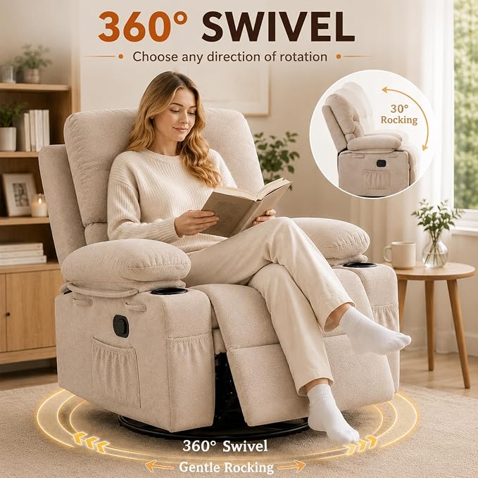 Recliner Chair for Adults, Nursery Glider Recliner with Massage and Heat, 360° Swivel Rocker Recliner, Manual Reclining Chair with Cup Holder, Side Pocket, Ergonomic for Moms and Elderly, Beige