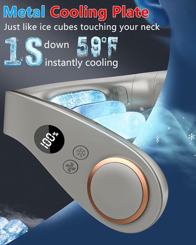 Neck Fan with Cooling Plate-5 Speed&Power LED Display-24H Quiet Powerful Fans that Blow Cold Air-USB 5500mAh Bladeless Wearable Personal AC Cooler for Women,Men,Kids,Travel,Outside,Indoor Grey