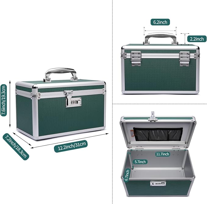 Lockable Medication Box with Portable Storage Case, 12.2''x 7.2''x 7.6'', Childproof Medicine Lock Organizer, Lockbox for Documents & Valuables (Green/Medium)