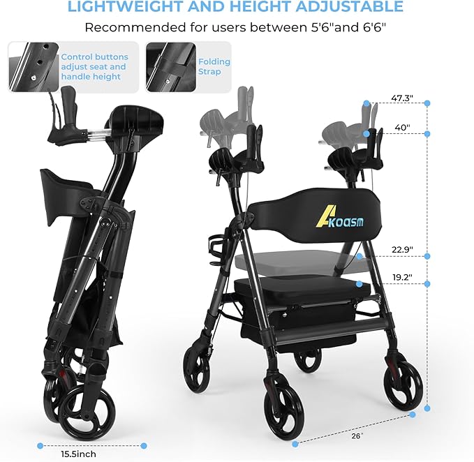 Heavy Duty Upright Walker, Rollator Walkers for Seniors, Foldable Stand Up Rolling Walker with Seat, Adjustable Padded Seat and Handle, Aluminum, All-Terrain Wheels, 450 Lb. Weight Capacity, Grey
