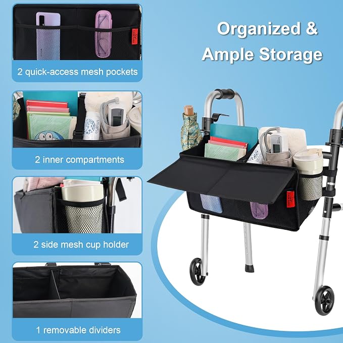 Walker Basket for Width 16"-20" Folding Walkers/Rollators, Large Capacity Walker Storage Baskets with Cup Holder, Lid & Multiple Pocket, Easy to Use Walker Tote Bag for Seniors, Black.