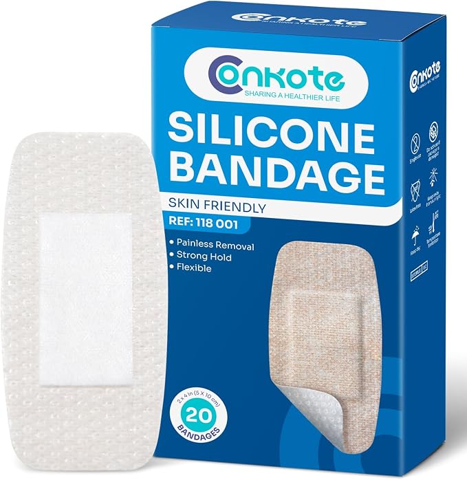 Conkote Silicone Bandages for Sensitive Skin 2"x4" Hypoallergenic Bandages | Breathable, Painless Removal,