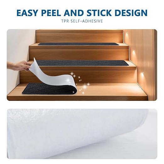Stair Treads for Wooden Steps Indoor, KOOTETA 15 Pack 8" X 30" Non Slip Carpet Stair Treads with Reusable Adhesive for Elders and Dogs, Surface Polyester TPR Backing Stair Rugs, Black