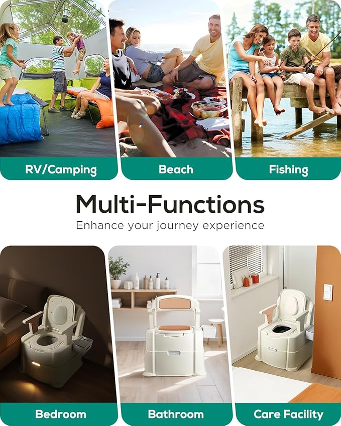 880 Lbs Heavy Duty Bedside Commode, 3-in-1 Portable Potty Chair for Elderly & Adults, Camping Toilet with Motion Light, PU Padded Sofa Chair, 2 Heights, Buckets & Tissue Box
