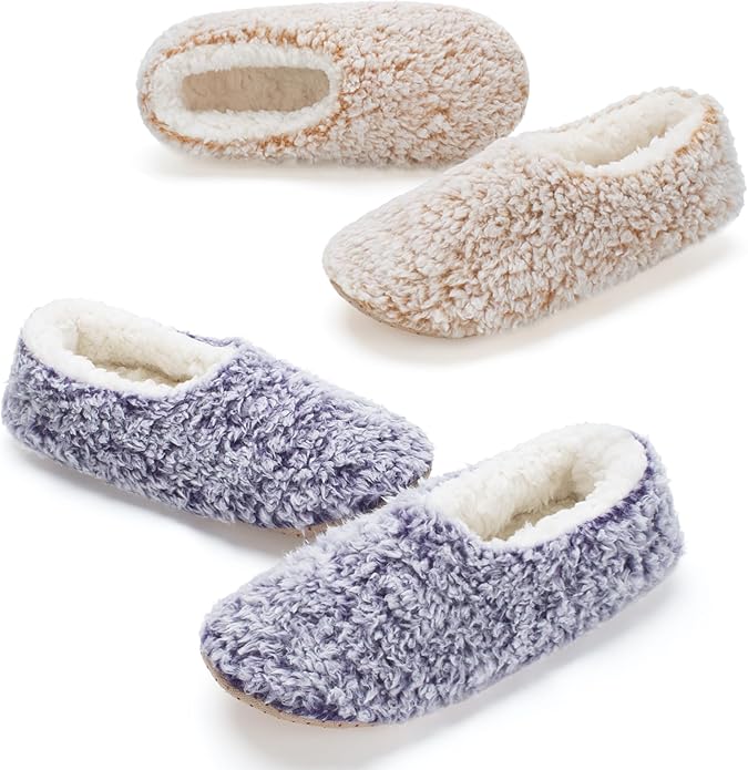 cosyone1997 2-Pair Thick Warm Fuzzy Slippers for Women Indoor Fluffy Sherpa Lined, Winter House Shoe Socks Non-Slip Soft Soles, Cozy Christmas Gifts