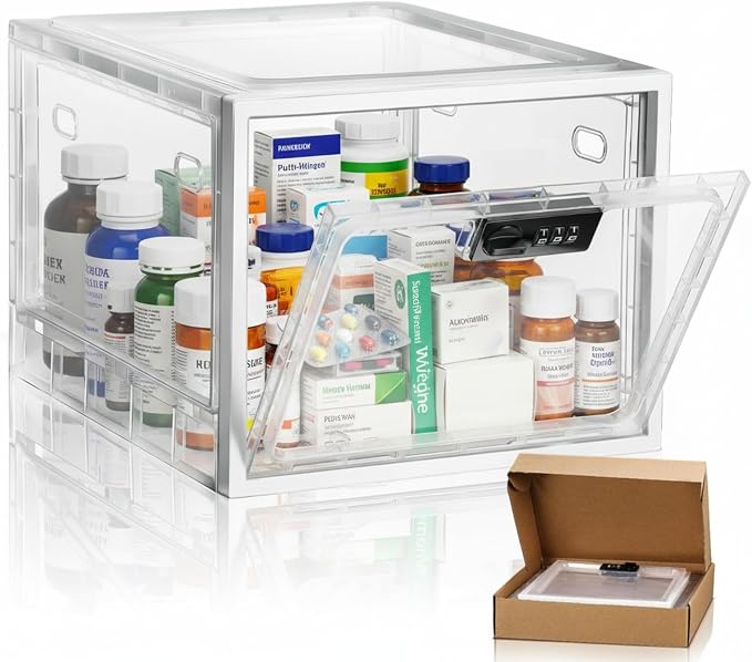 Yalikop Large Medicine Lock Box for Safe Medication 11.9 x 9.3 x 7.6 inches Lockable Organizer First Aid with Code for Medication Snack Food Home Office Dorms Safety(White)