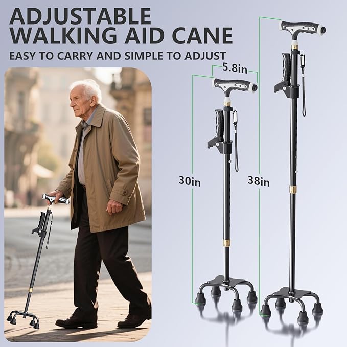 Hold 440 lbs Walking Cane for Seniors Aluminum Alloy Lightweight Height Adjustable Walking Stick Heavy Duty Foldbale Free Standing Cane with LED for Men and Women Adults