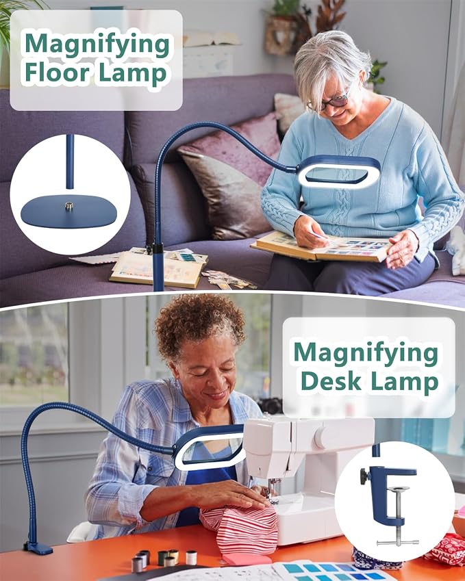 12X Rectangle Magnifying Glass with Light and Stand, 24" Flexible Gooseneck 3-in-1 Floor Lamp, 5 Color Modes Stepless Dimmable, LED Lighted Hands Free Magnifier for Reading Painting Close Work - Blue