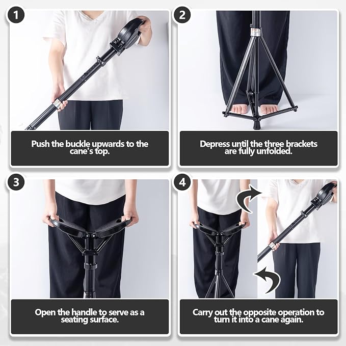 Folding Walking Stick with Seat, 3-in-1 Triple-Leg Cane Stool, 330lbs Capacity, Lightweight 3.5lbs Aluminum Alloy for Hiking, Travel & Elderly Support Includes Storage Bag