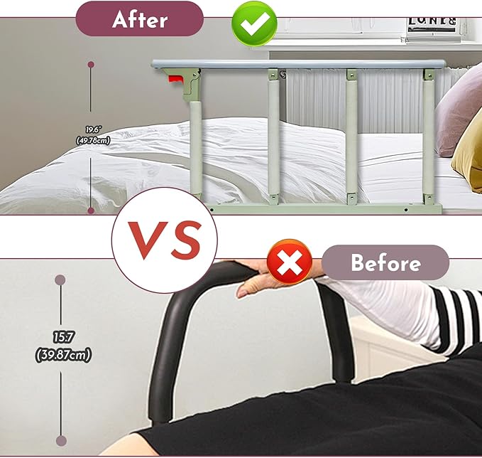 30″ Folding Bed Rail–Safety Bed Rails for Elderly Adults (Twin–King,Tool-Free) Supports300lbs|Non-SlipStrap&FoamBase|180°Fold-DownDesign|Height17–21″Adjustable|PaddedGrip&OrganizerPouch