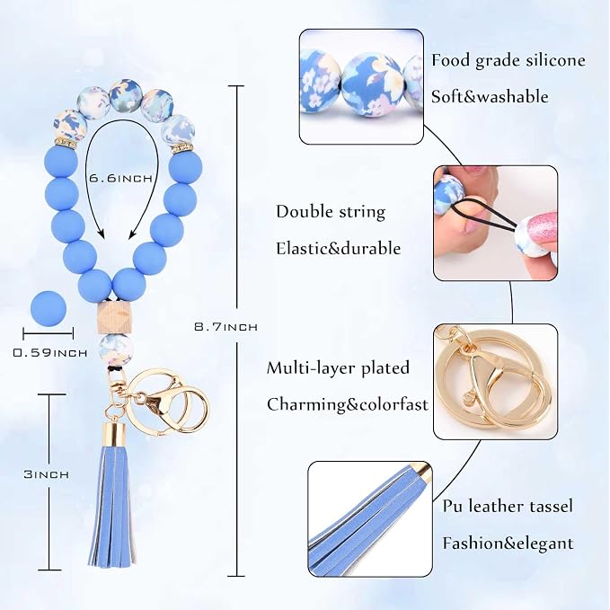BAOSIWA Silicone Key Ring Bracelet Wristlet Keychain Unique Beaded Bangle Key Chains for Women with Leather Tassel