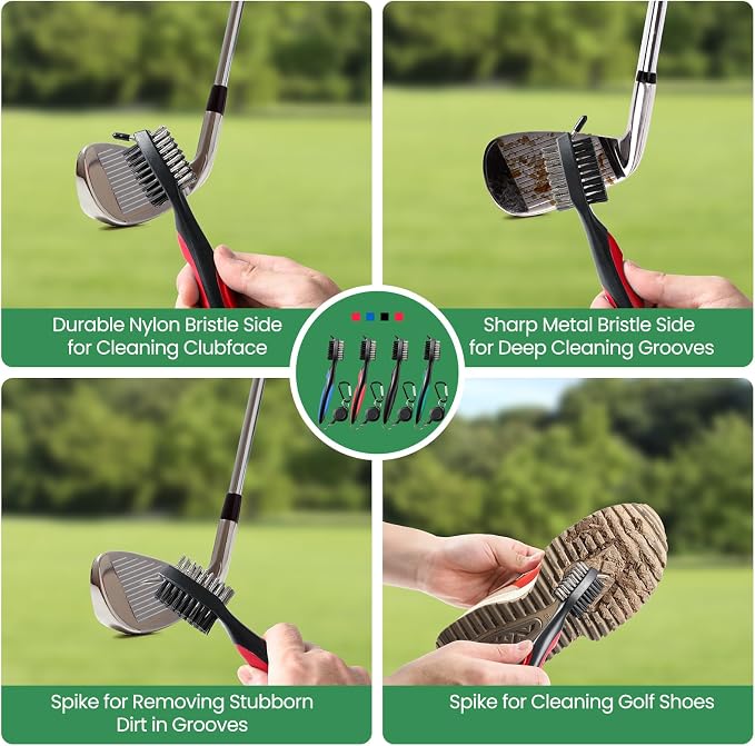 POIKSHARK Golf Club Brush and Club Groove Cleaner with Retractable Zip-line and Aluminum Carabiner Cleaning Tools