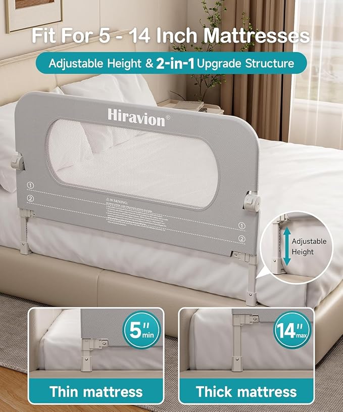 Bed Rail for Toddlers - 59 Inch Foldable Baby Guard | Height Adjustable | Foldable | Fits Full/Queen/King/Twin Beds | U-shape base provides Safety sleep protection | Grey