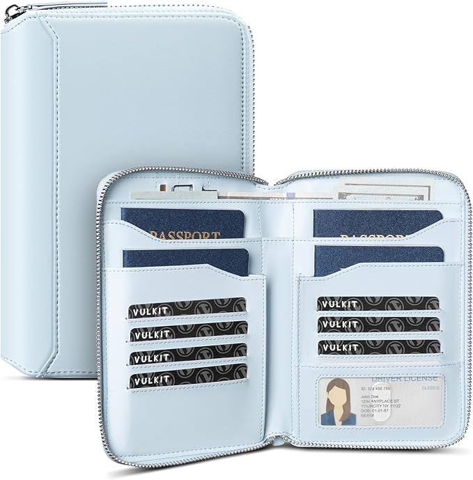 VULKIT Leather Passport Holder for 4-8 Passports Family Passport Wallet with Zipper Travel Documents Organizer for Men or Women(Light Blue)