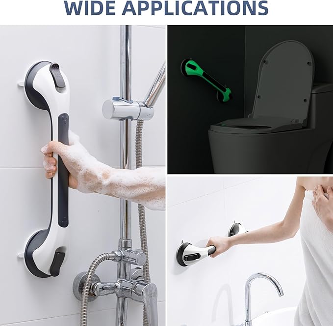 Grab Bars for Bathtubs and Showers 2 Pack Glow in The Dark, 17 inch Suction Grab Bar, Shower Handle Safety Grip Handrail for Seniors and Elderly, Removable Waterproof No Drilling, Black