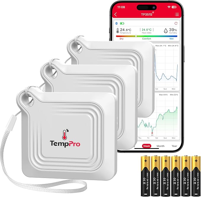 TempPro TempAir Bluetooth Thermometer Hygrometer, 260 ft Temperature Sensor | Greenhouse Thermometer with Remote App Control, Temperature and Humidity Monitor with 2-Year Data Logging Export, 3 pack