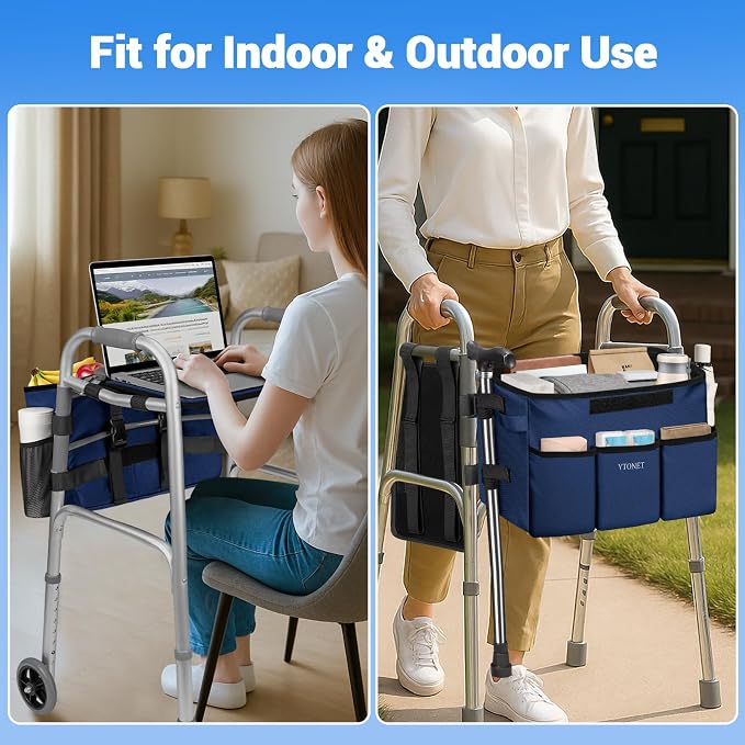 Ytonet Walker Basket with Tray, Removable Walker Tray for Folding Walker | Water Resistant Walkers Bag with Phone and Crutch Holder Large Capacity Anti-Tip Design Accessories for Seniors