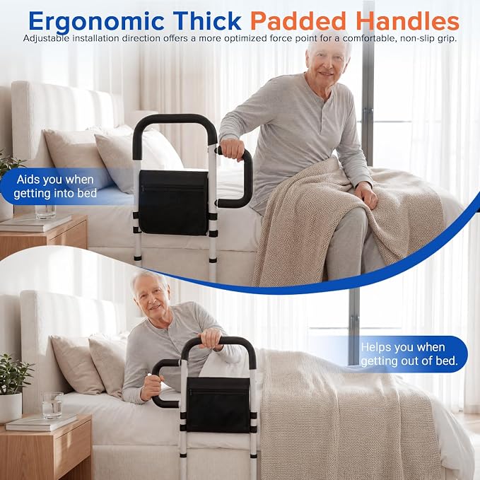 AYP Bed Rails for Elderly Adults Safety–Adjustable Bed Side Rails for Seniors, Featuring Extended Non-Slip Grab Bar and Storage Pocket, ASTM Approved Bed Cane–Fits Twin,Full,Queen,King Size Bed
