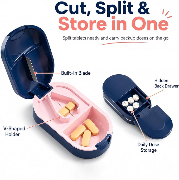 Pill Cutter Splitter for 1/2 Cuts, Small Tablets and Vitamins, Easy-Open Button, Built-in Storage, Shielded Stainless Steel Blade, Portable Tablet Splitter(Blue)