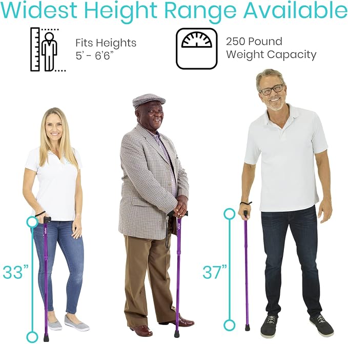 Vive Folding Cane - Foldable Walking Cane for Men, Women - Fold-up, Collapsible, Lightweight, Adjustable, Portable Hand Walking Stick - Balancing Mobility Aid - Sleek, Comfortable T Handles (Purple)